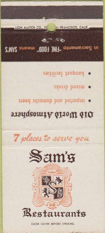Matchbook Cover - Sam's Restaurants San Francisco CA 30 Strike