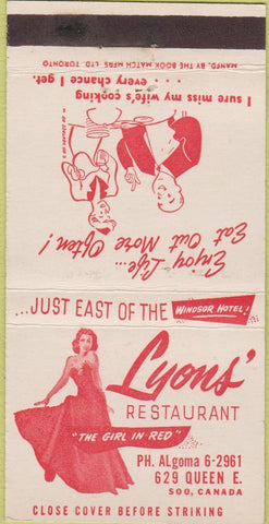 Matchbook Cover - Lyons' Restaurant Soo Canada girlie 30 Strike