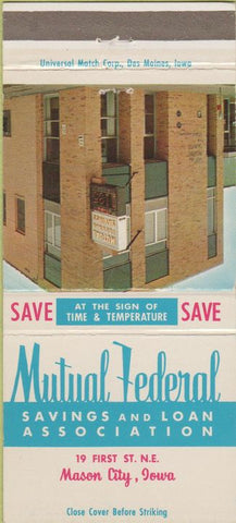 Matchbook Cover - Mutual Federal Savings Loan Mason City IA 30 Strike