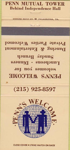 Matchbook Cover - Penn's Welcome Philadelphia PA 30 Strike