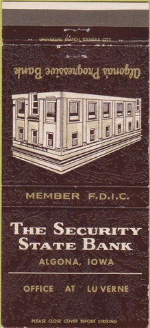 Matchbook Cover - Security State Bank Algona IA 30 Strike