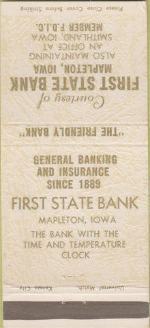 Matchbook Cover - First State Bank Mapleton IA Smithland 30 Strike