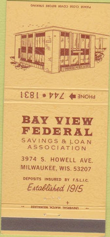 Matchbook Cover - Bay View Federal Savings Loan Milwaukee WI 30 Strike