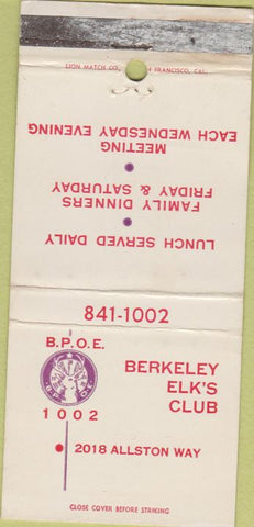 Matchbook Cover - Elks Club Berkeley CA WORN 30 Strike