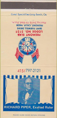 Matchbook Cover - Elks Club Fremont CA Richard Piper 30 Strike