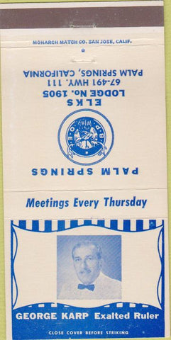 Matchbook Cover - Elks Club Palm Springs CA George Karp 30 Strike