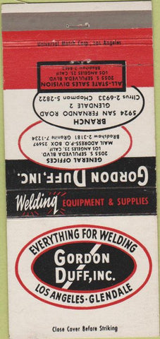 Matchbook Cover - Gordon Duff Inc Welding Los Angeles Glendale CA 30 Strike