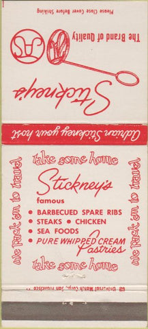 Matchbook Cover - Stickney's BBQ San Maeto Palo Alto Santa Clara CA 30 Strike