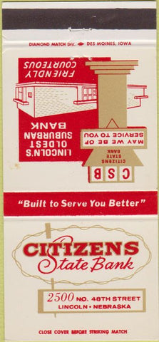 Matchbook Cover - Citizens State Bank Lincoln NE 30 Strike