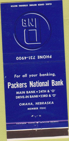 Matchbook Cover - Packers National Bank Omaha NE blue 30 Strike