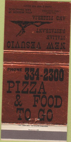 Matchbook Cover - New Vesuvio Italian Food Pizza San Francisco CA 30 Strike
