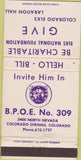 Matchbook Cover - Elks Lodge Colorado Springs CO 30 Strike