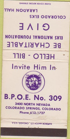 Matchbook Cover - Elks Lodge Colorado Springs CO 30 Strike