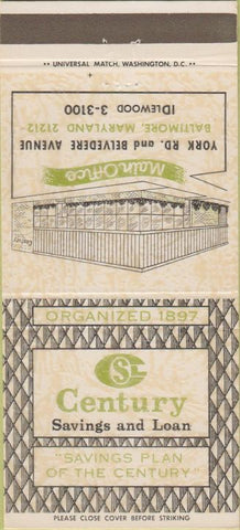 Matchbook Cover - Century Savings Loan Baltimore Md 30 Strike
