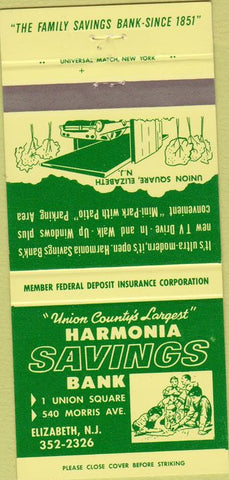 Matchbook Cover - Harmonia Savings Bank Elizabeth NJ 30 Strike