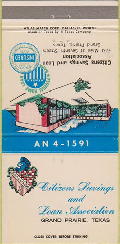 Matchbook Cover - Citizens Savings Loan Grand Prairie TX 30 Strike