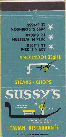 Matchbook Cover - Sussy's Italian Restaurant 30 Strike
