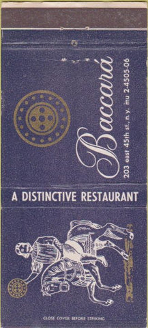 Matchbook Cover - Baccara Restaurant New Y ork City 30 Strike