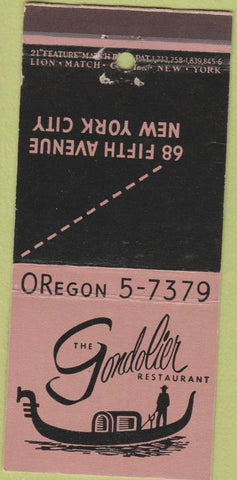 Matchbook Cover - Gondolier Restaurant New York City 21 Strike Feature