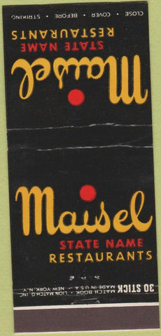 Matchbook Cover - Maisel State Name Restaurants New York City 30 Stick