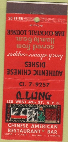 Matchbook Cover - Lung Chinese Food New York city  30 Stick