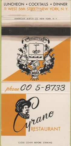 Matchbook Cover - Cyrano Restaurant New York City WORN 30 Strike