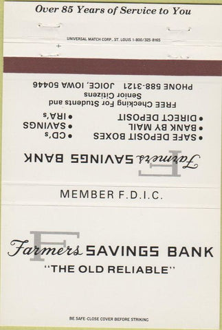 Matchbook Cover - Farmers Federal Savings Bank Joice IA 40 Strike