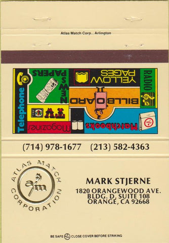 Matchbook Cover - Atlas Match Corp Mark Stjerne Orange CA 40 Strike