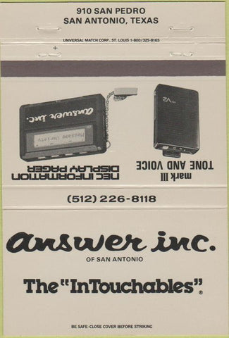 Matchbook Cover - Answer Inc pagers San Antonio TX 40 Strike