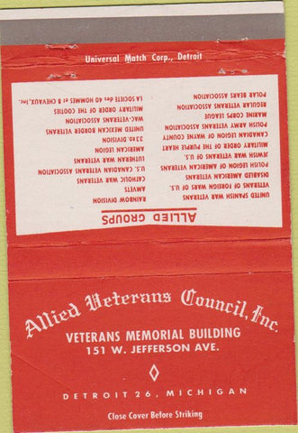 Matchbook Cover - Allied Veterans Council Detroit MI 40 Strike