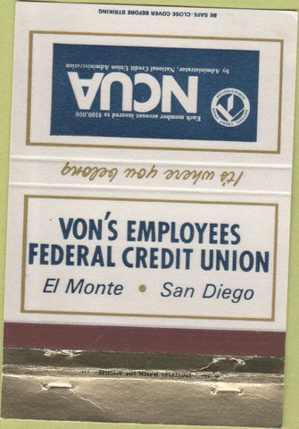 Matchbook Cover - Von's Employees Credit Union El Monte San Diego CA 40 Strike