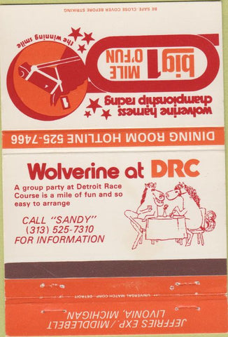 Matchbook Cover - Wolverine Horse Track Livonia MI harness racing 40 Strike