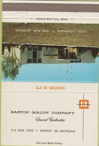 Matchbook Cover - Barton Malow Contractors Detroit MI 40 Strike