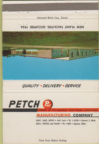 Matchbook Cover - Petch Manufacturing Detroit MI Alpena 40 Strike