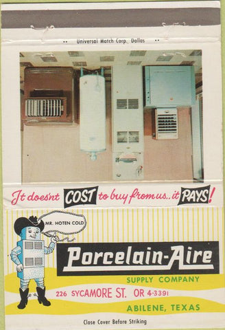 Matchbook Cover - Porcelain Aire Supply Abilene TX water heaters 40 Strike
