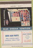 Matchbook Cover - Kwik Kar Parts Amarillo TX Blue Streak Ignition 40 Strike