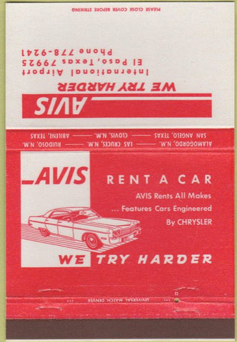 Matchbook Cover - Avis Car Rental El Paso TX 40 Strike