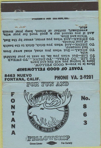 Matchbook Cover - Moose Lodge Fontana CA 40 Strike