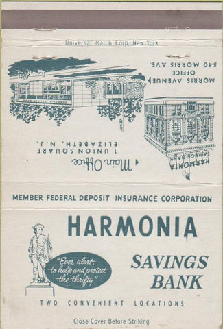 Matchbook Cover - Harmonia Savings Bank Elizabeth NJ 40 Strike