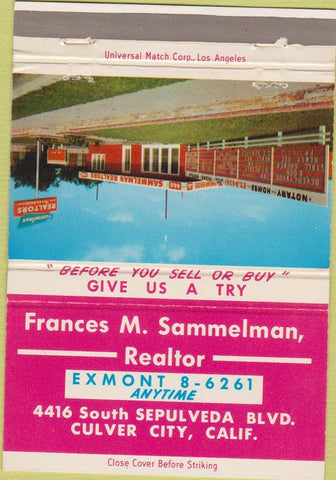 Matchbook Cover - Frances Sammelman Realtor Culver City CA 40 Strike