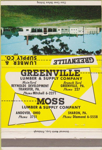 Matchbook Cover - Greenville Lumber Supply Andover OH Sharon PA 40 Strike
