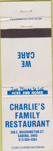 Matchbook Cover - Charlie's Family Restaurant Sabina OH