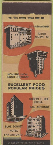 Matchbook Cover - Hotels San Antonio TX Brownsville Port Arthur SAMPLE