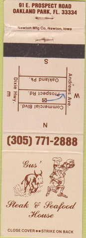 Matchbook Cover - Gus' Steak Seafood Oakland Park FL