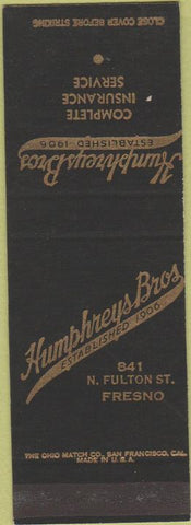 Matchbook Cover - Humphreys Bros Fresno CA insurance SAMPLE