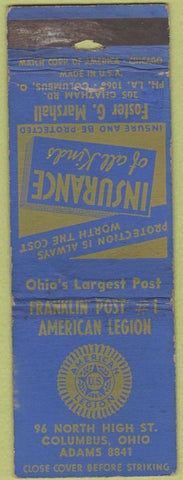Matchbook Cover - Insurance American Legion Columbus OH