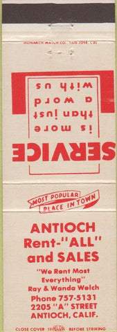 Matchbook Cover - Antioch Rent All Sales CA