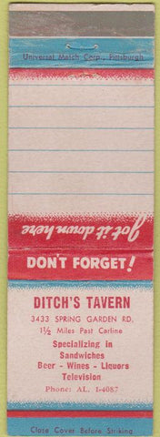 Matchbook Cover - Ditch's Tavern Carline Pittsburgh? WEAR