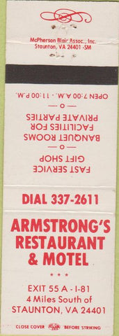 Matchbook Cover - Armstrong's Restaurant Staunton VA