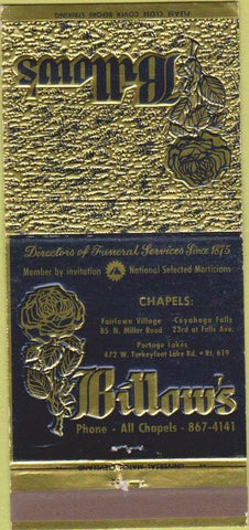 Matchbook Cover - Billow's Funeral Cuyahoga Falls Portage Lakes OH 30 Strike